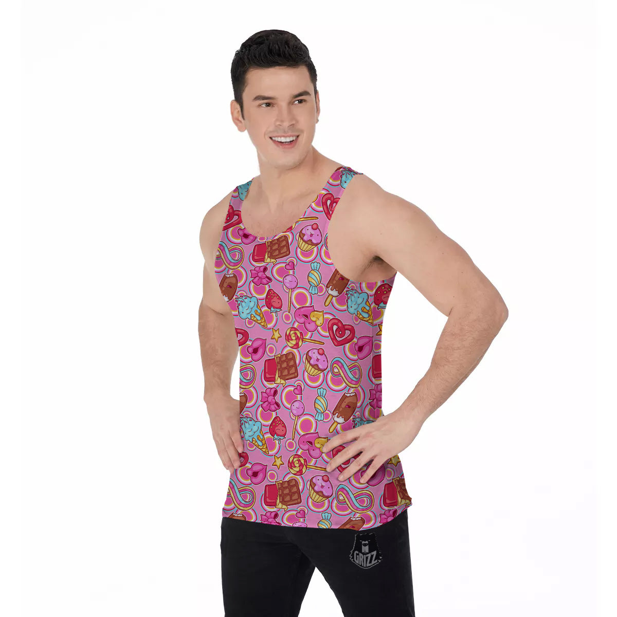 Pink Sweet Candy Print Pattern Men's Tank Top-grizzshop