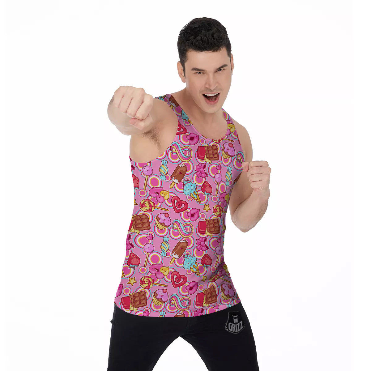 Pink Sweet Candy Print Pattern Men's Tank Top-grizzshop