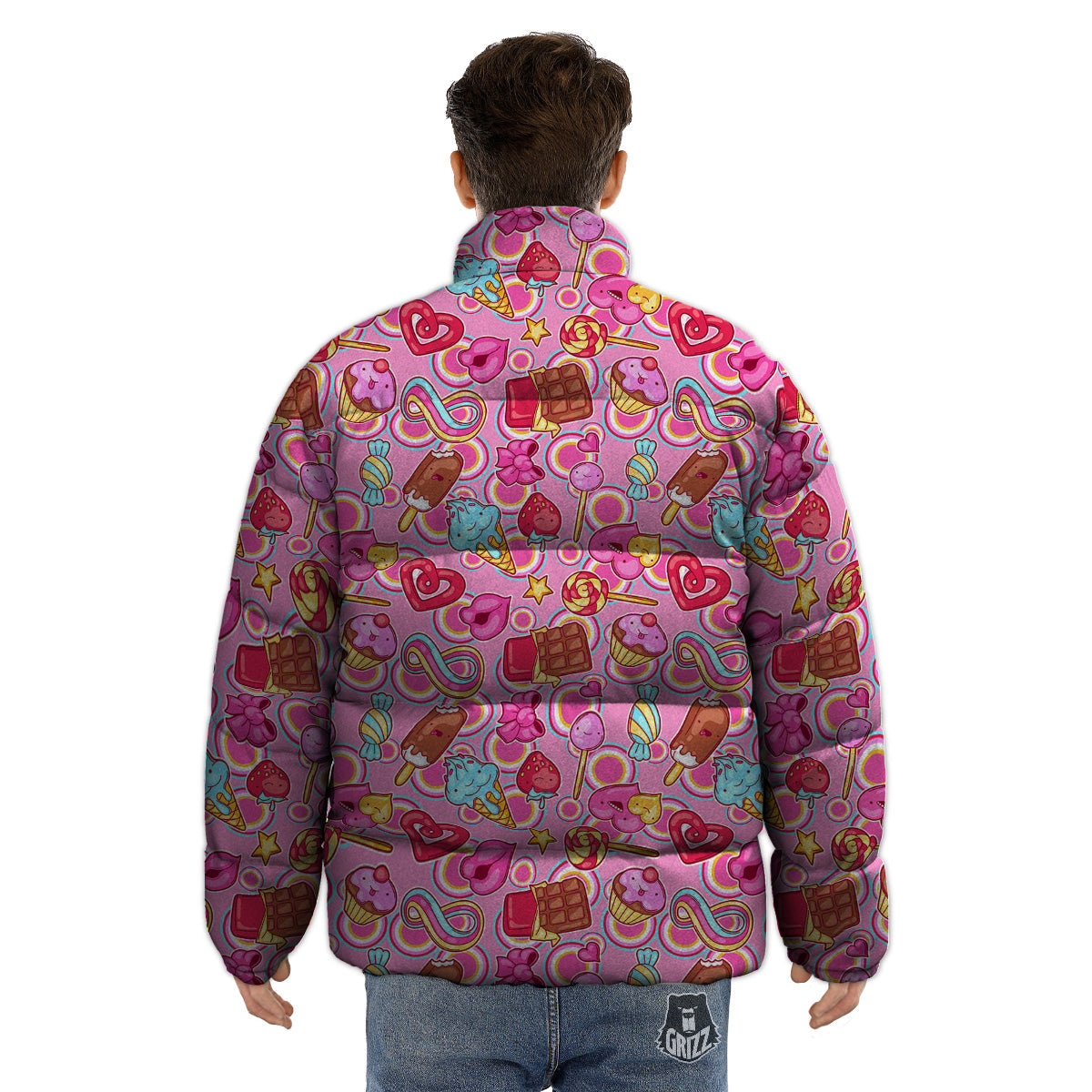 Pink Sweet Candy Print Pattern Puffer Jacket-grizzshop
