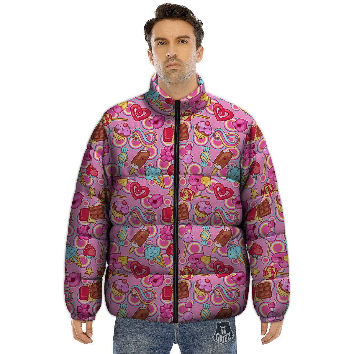 Pink Sweet Candy Print Pattern Puffer Jacket-grizzshop