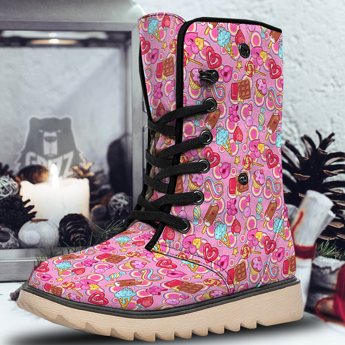 Pink Sweet Candy Print Pattern Snow Boots-grizzshop