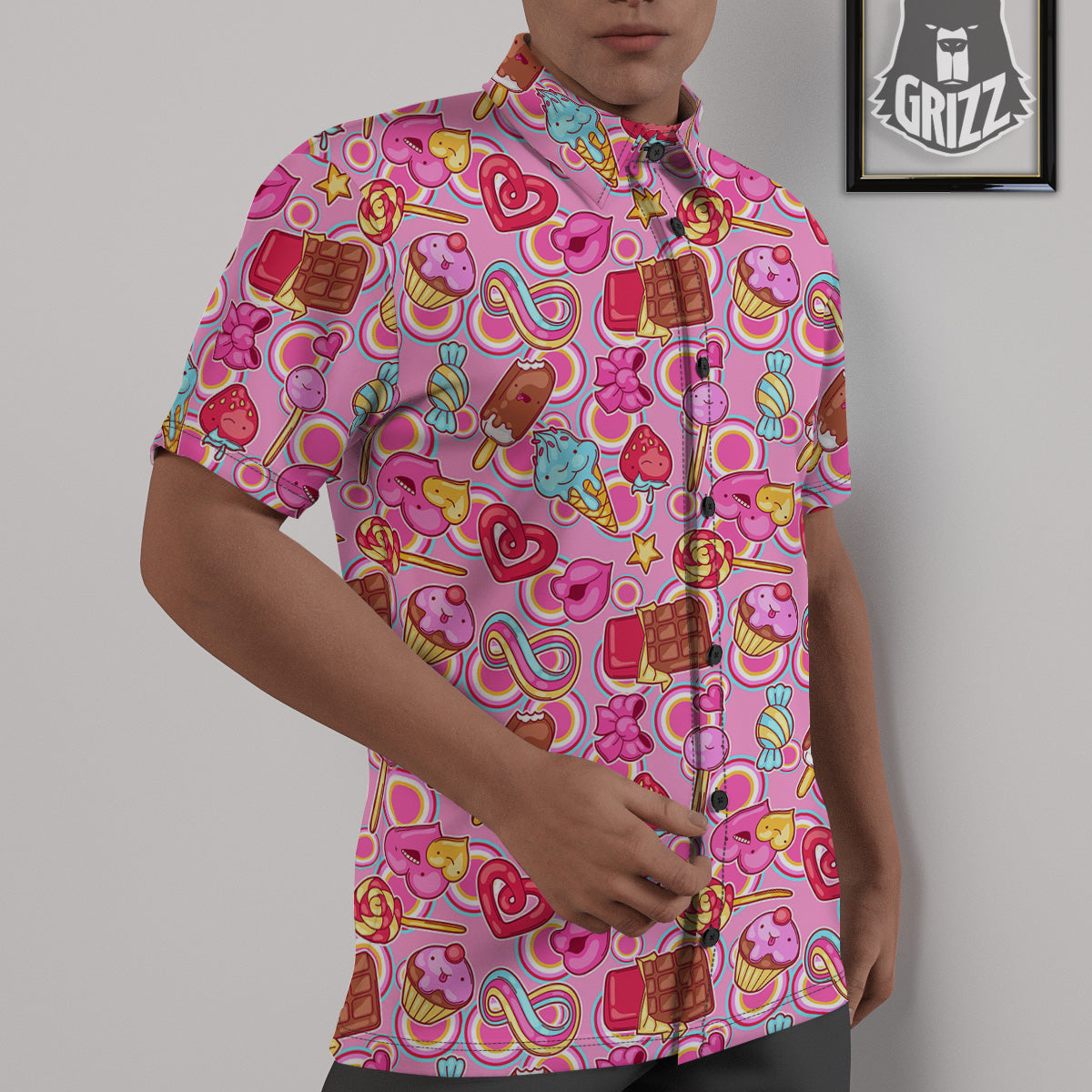 Pink Sweet Candy Print Pattern Untucked Shirts-grizzshop