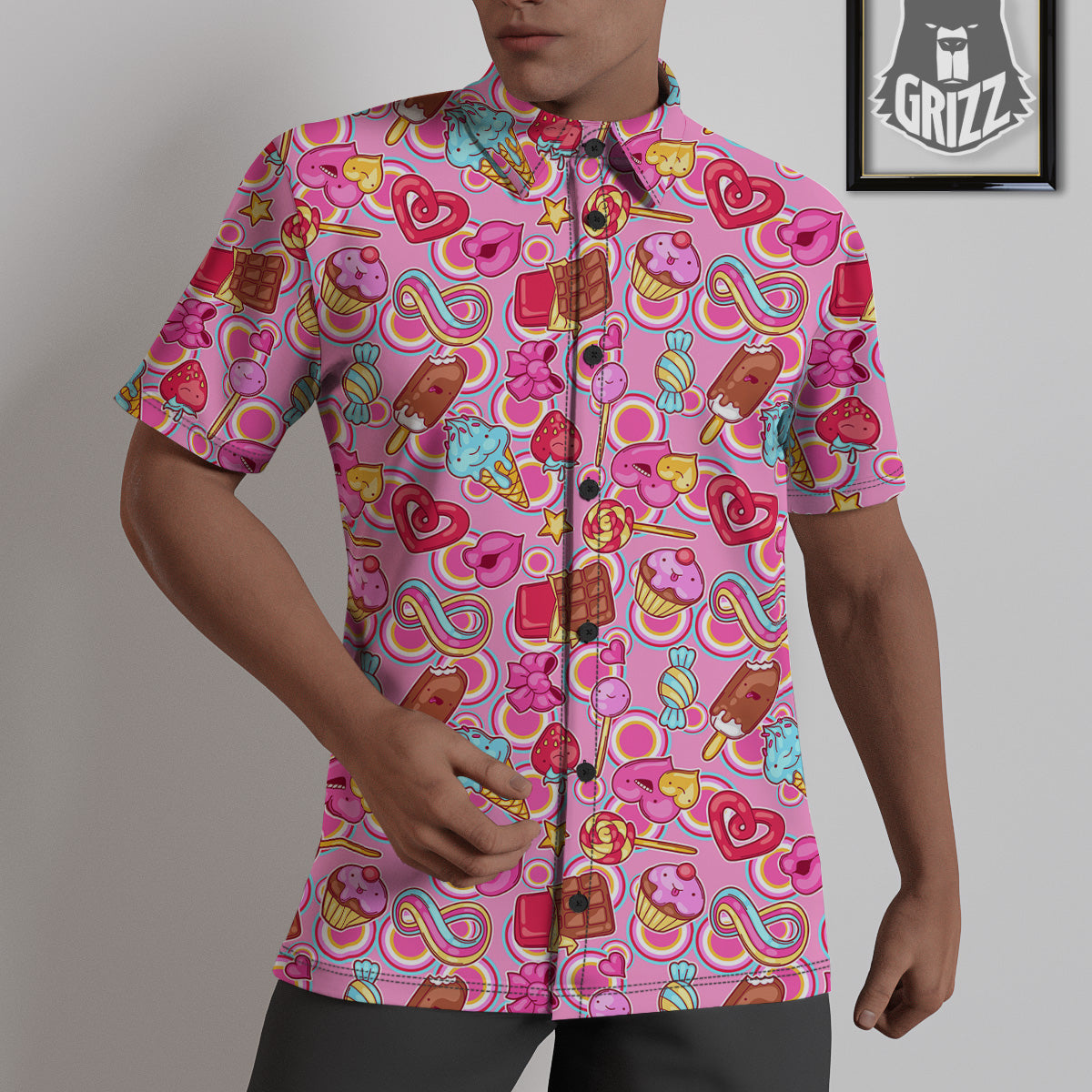 Pink Sweet Candy Print Pattern Untucked Shirts-grizzshop