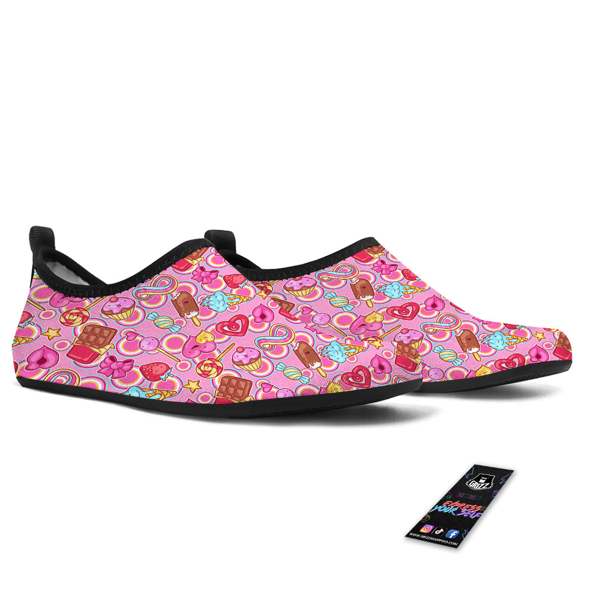 Pink Sweet Candy Print Pattern Water Shoes-grizzshop
