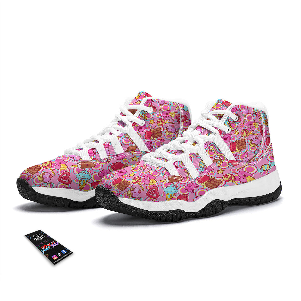 Pink Sweet Candy Print Pattern White Bball Shoes-grizzshop
