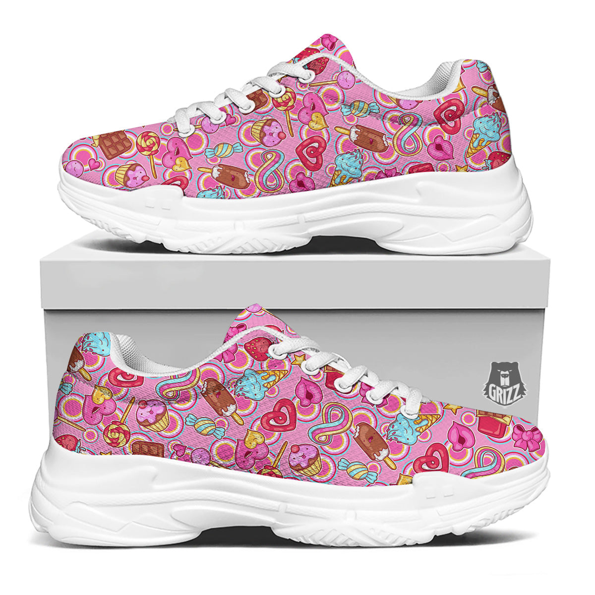Pink Sweet Candy Print Pattern White Chunky Shoes-grizzshop