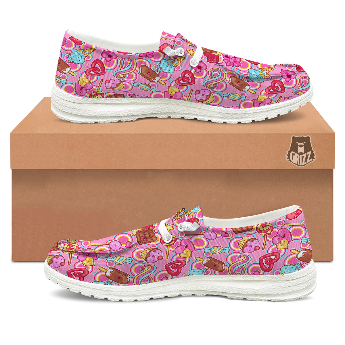 Pink Sweet Candy Print Pattern White Loafers-grizzshop