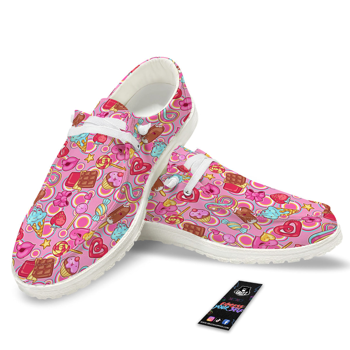 Pink Sweet Candy Print Pattern White Loafers-grizzshop