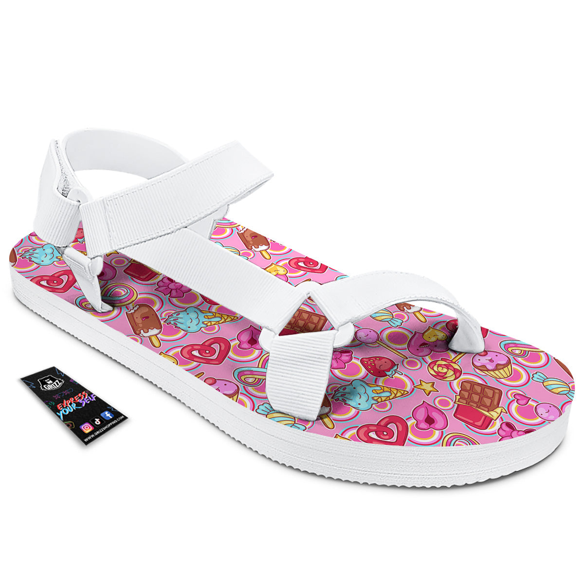 Pink Sweet Candy Print Pattern White Open Toe Sandals-grizzshop