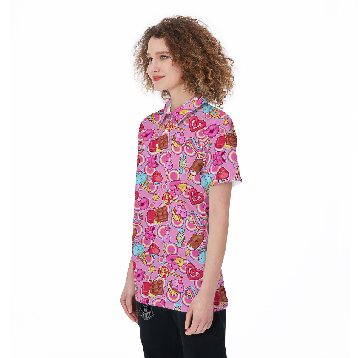 Pink Sweet Candy Print Pattern Women's Golf Shirts-grizzshop