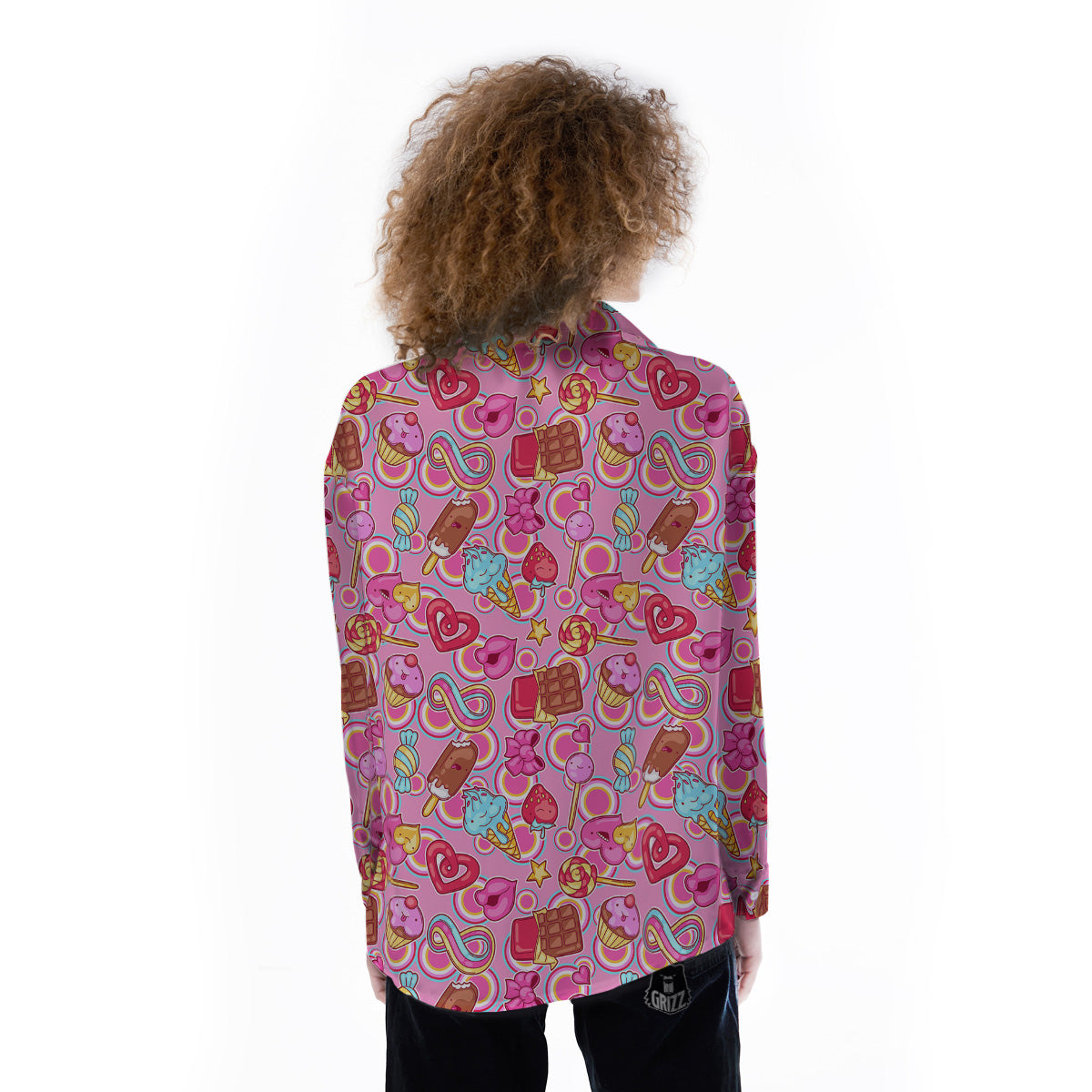Pink Sweet Candy Print Pattern Women's Long Sleeve Shirts-grizzshop