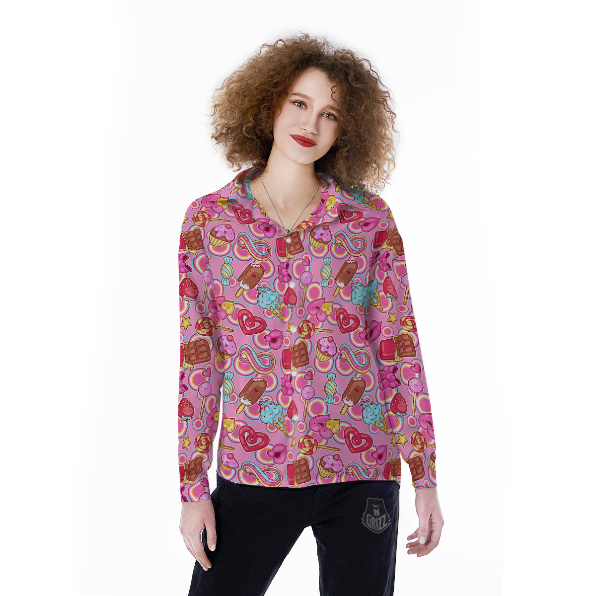 Pink Sweet Candy Print Pattern Women's Long Sleeve Shirts-grizzshop