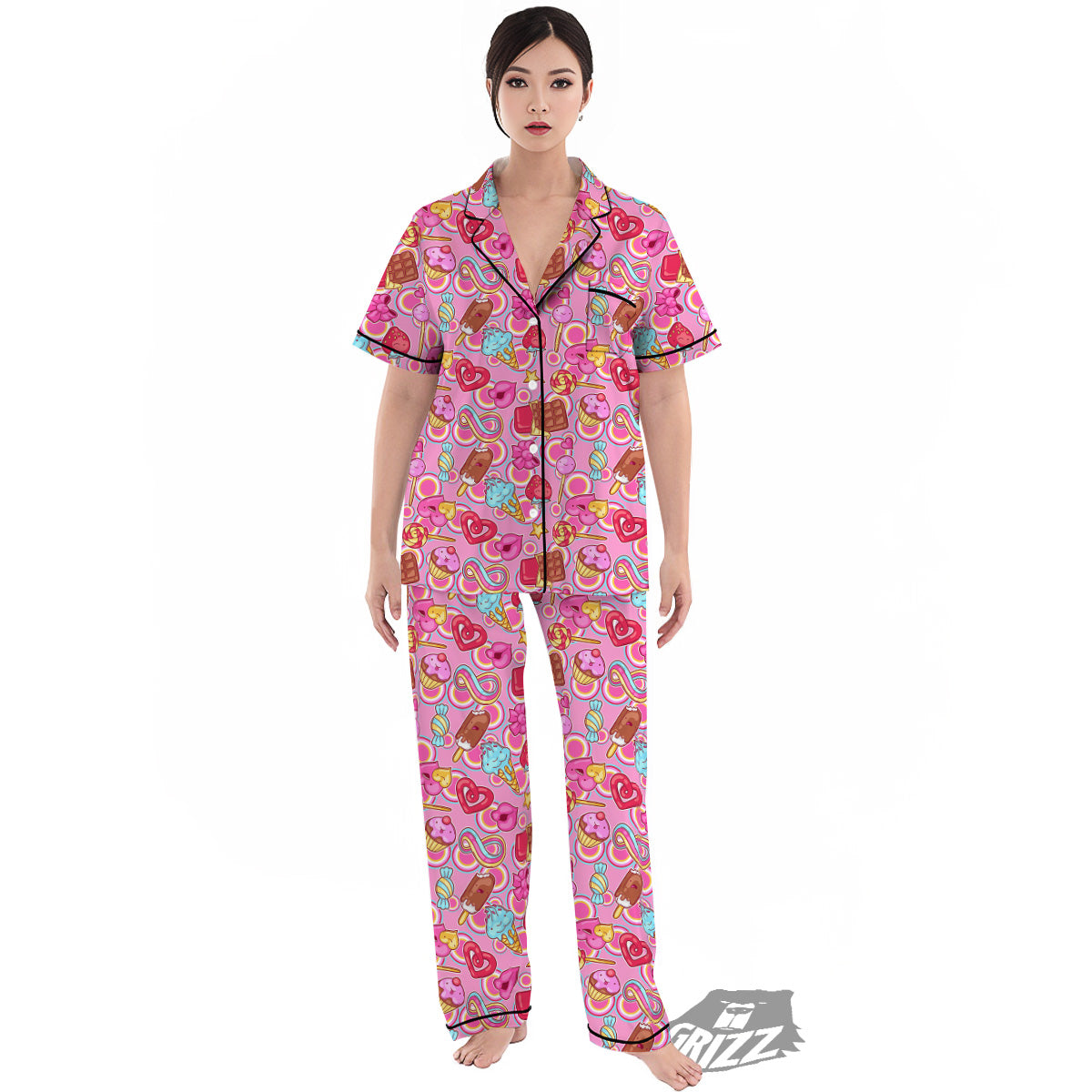 Pink Sweet Candy Print Pattern Women's Pajamas Set-grizzshop