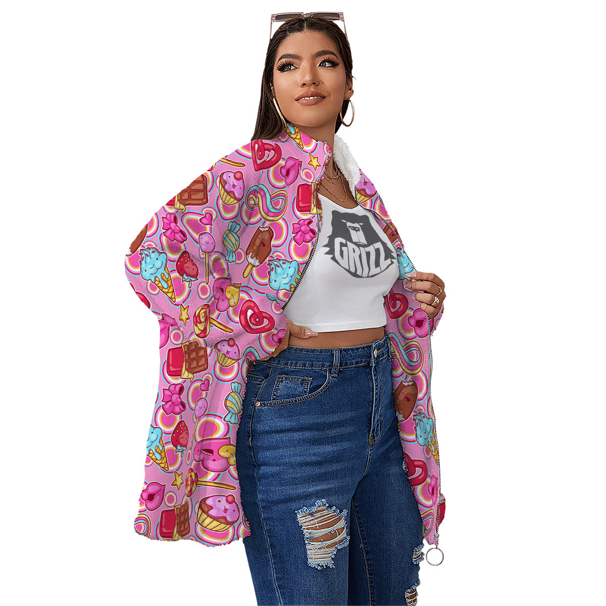 Pink Sweet Candy Print Pattern Women's Sherpa Jacket-grizzshop