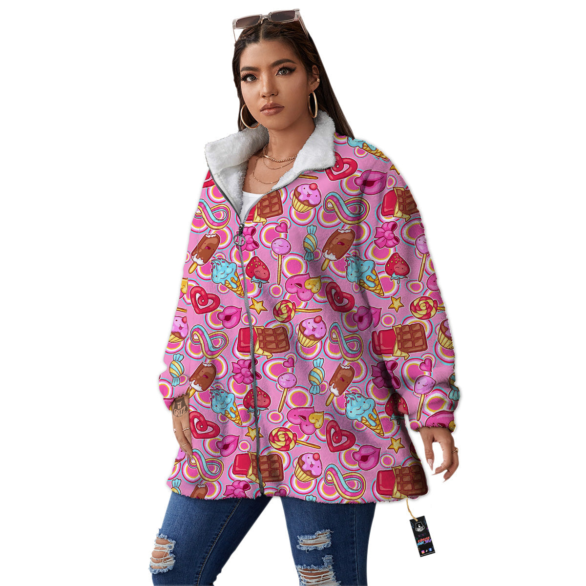 Pink Sweet Candy Print Pattern Women's Sherpa Jacket-grizzshop