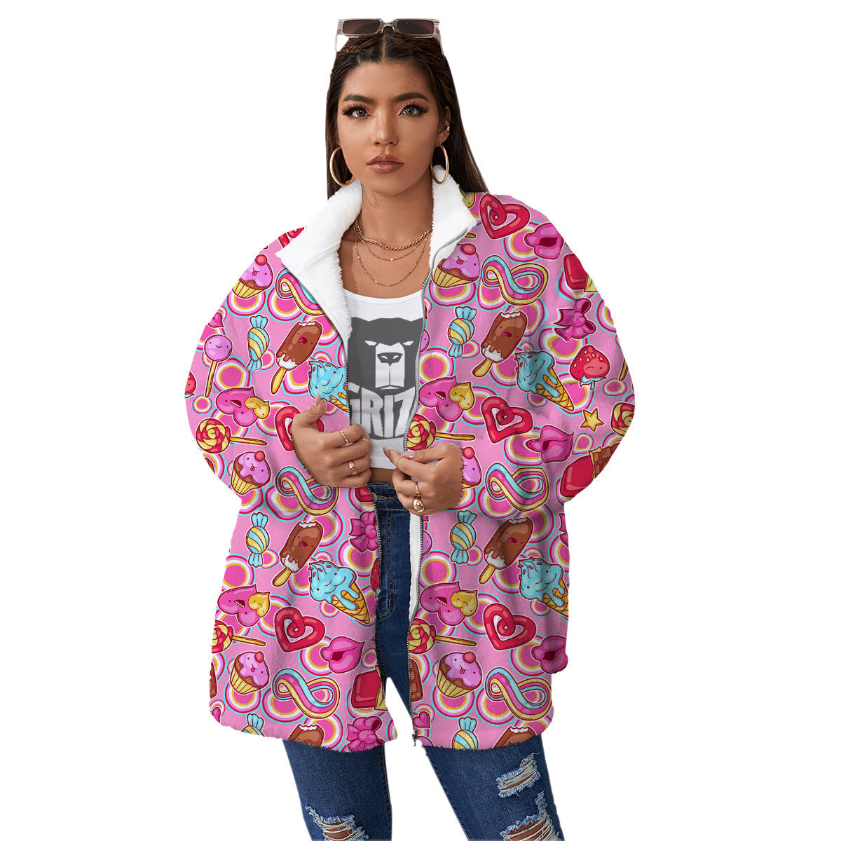 Pink Sweet Candy Print Pattern Women's Sherpa Jacket-grizzshop