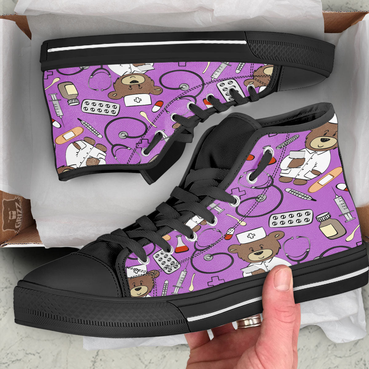 Pink Teddy Bear Nurse Black High Top Shoes-grizzshop