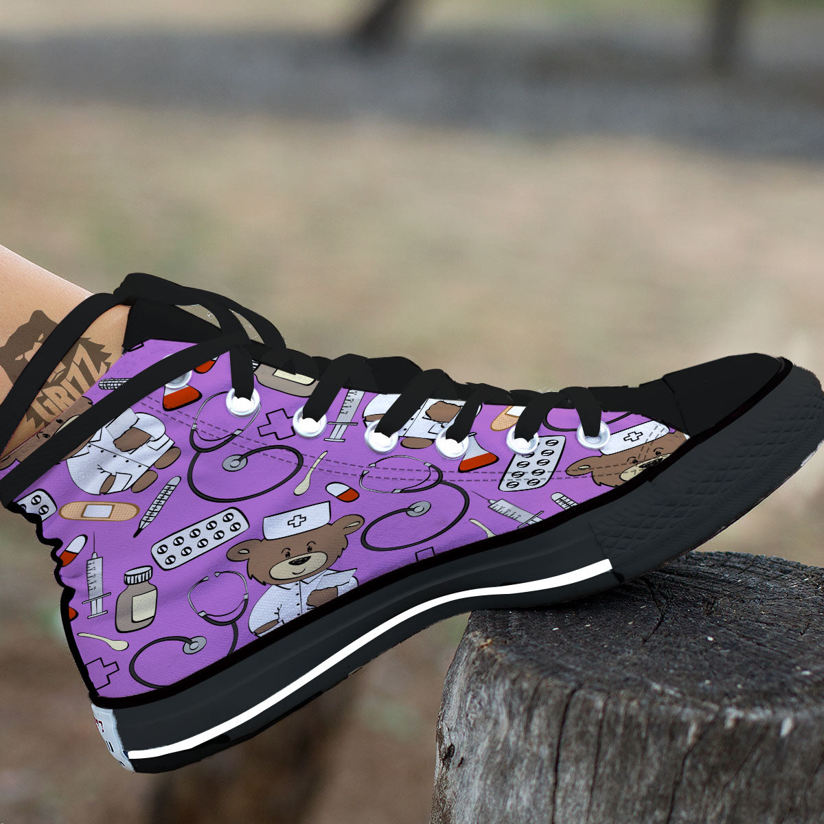 Pink Teddy Bear Nurse Black High Top Shoes-grizzshop