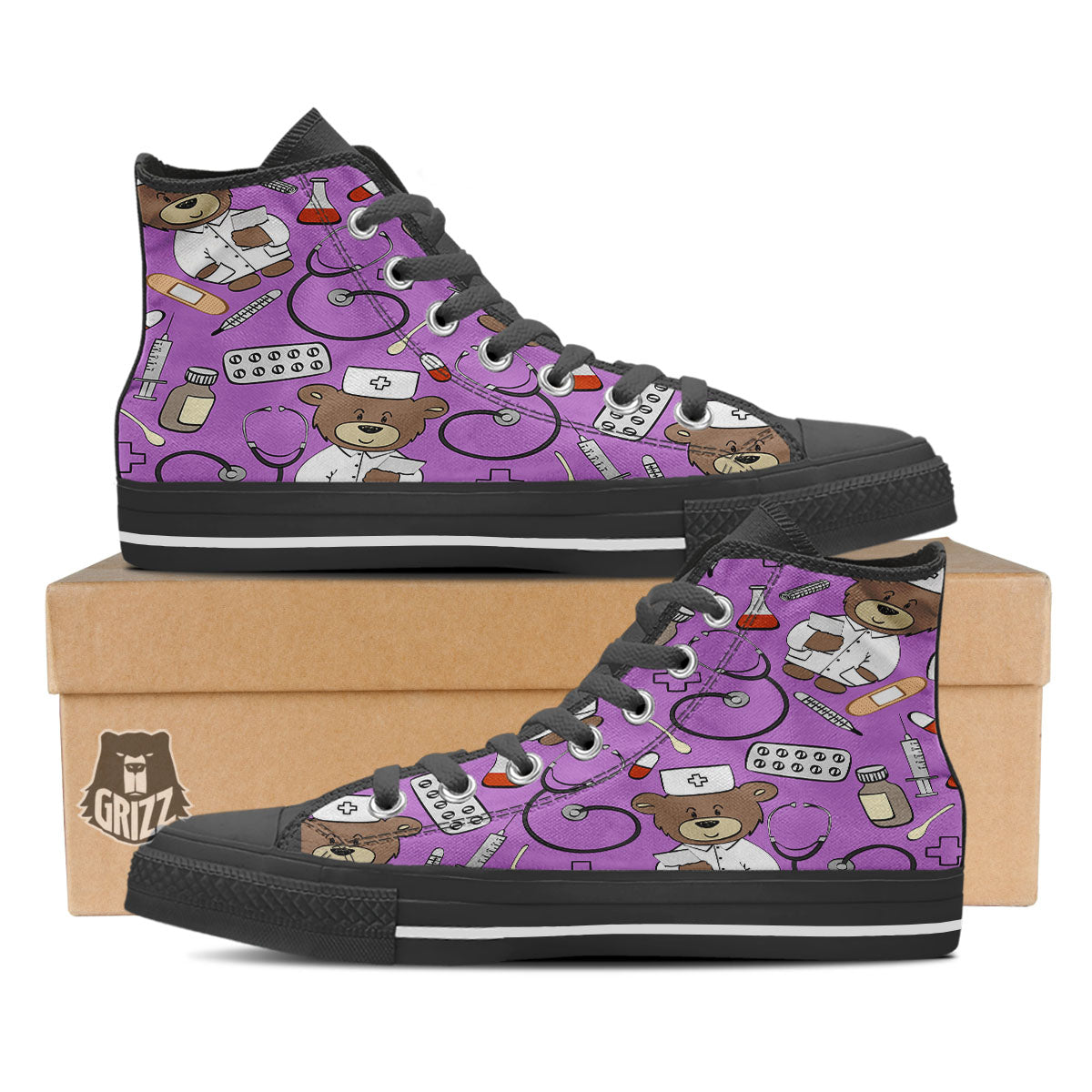 Pink Teddy Bear Nurse Black High Top Shoes-grizzshop