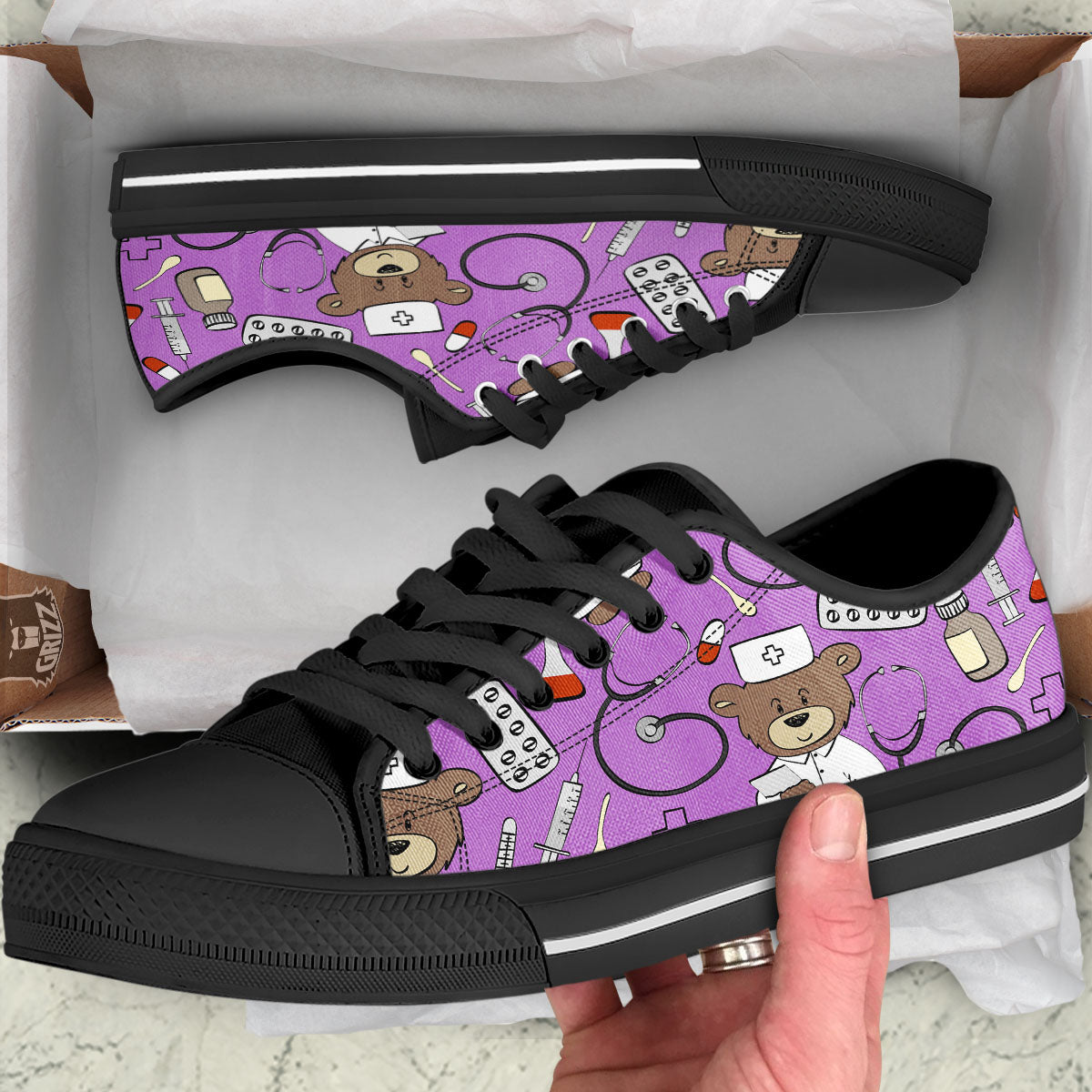 Pink Teddy Bear Nurse Black Low Top Shoes-grizzshop