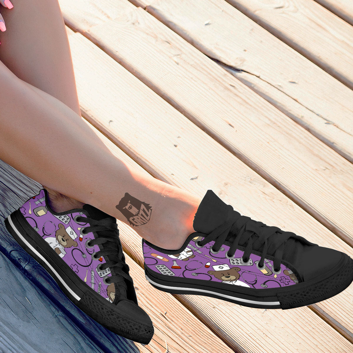 Pink Teddy Bear Nurse Black Low Top Shoes-grizzshop