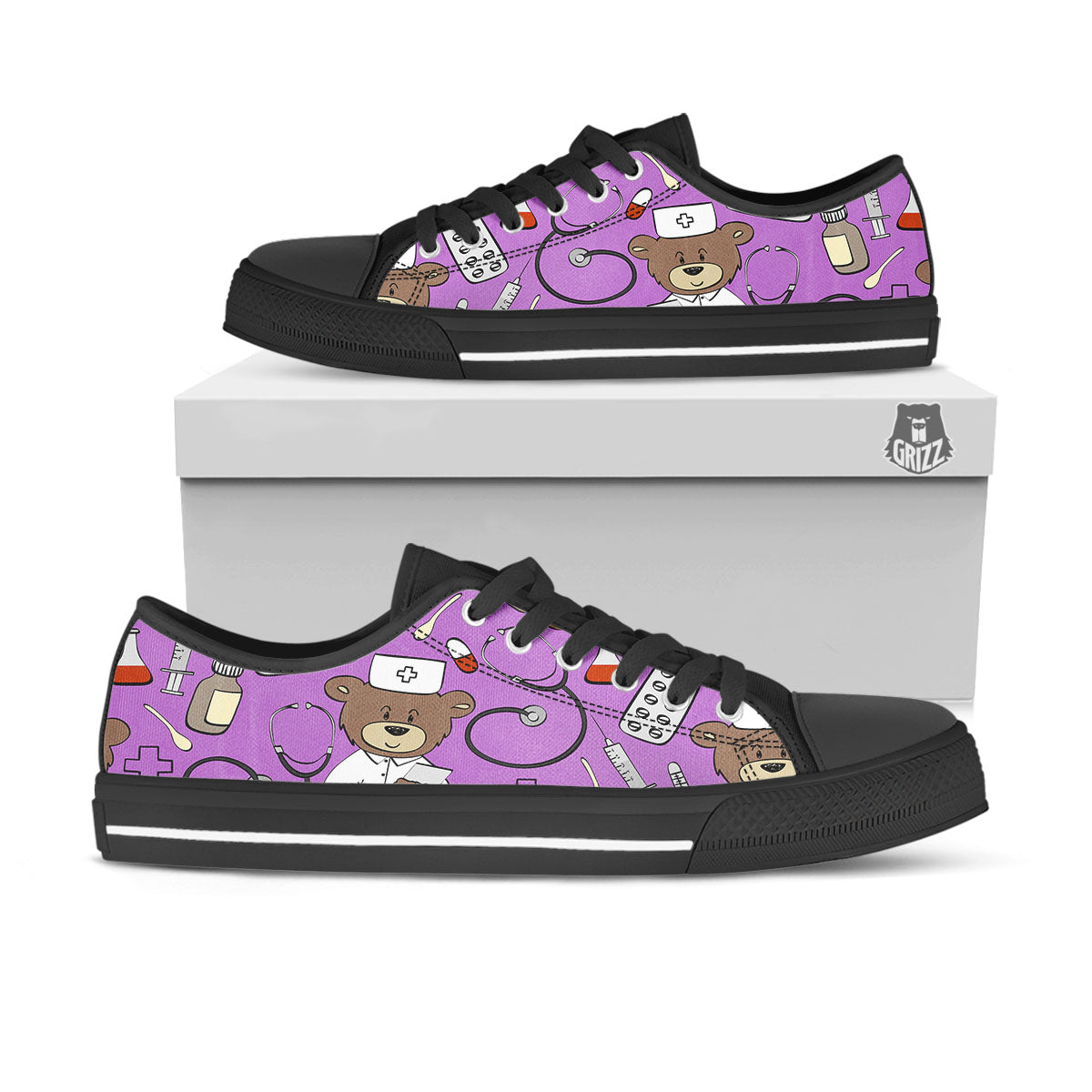 Pink Teddy Bear Nurse Black Low Top Shoes-grizzshop