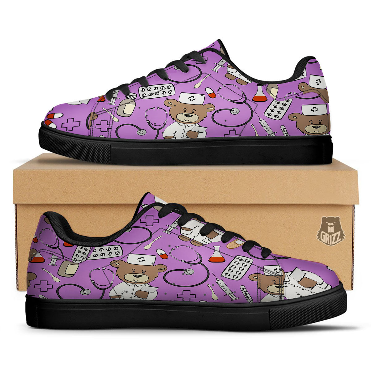 Pink Teddy Bear Nurse Black Low Top Sneakers-grizzshop