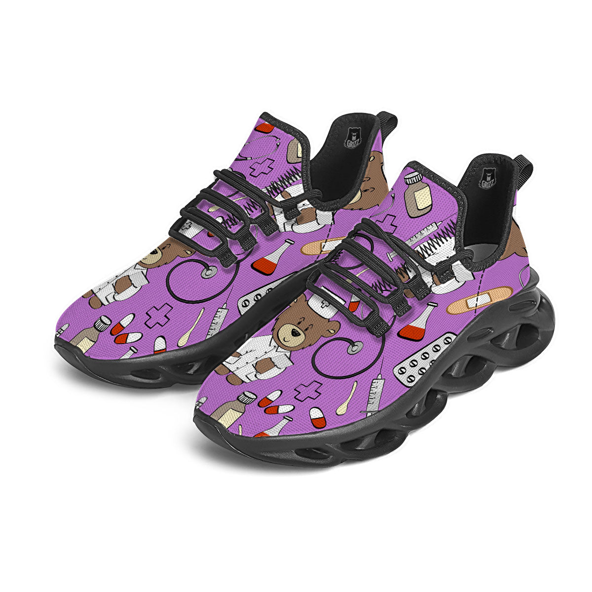 Pink Teddy Bear Nurse Black Running Shoes-grizzshop