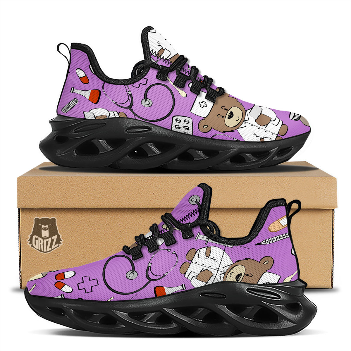 Pink Teddy Bear Nurse Black Running Shoes-grizzshop