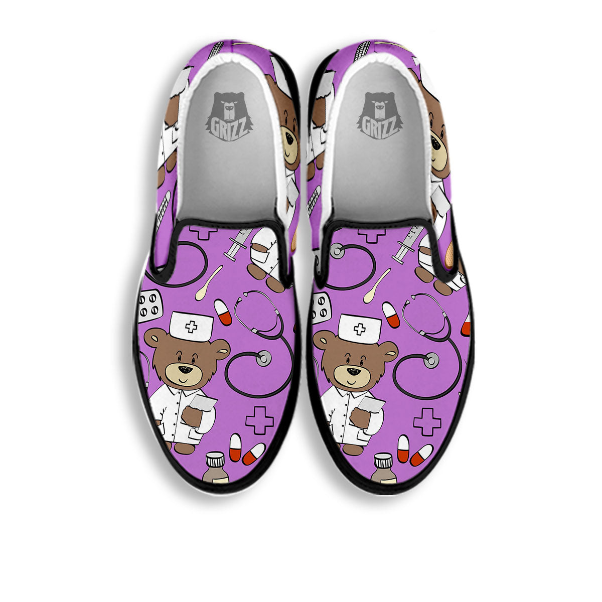 Pink Teddy Bear Nurse Black Slip On Shoes-grizzshop