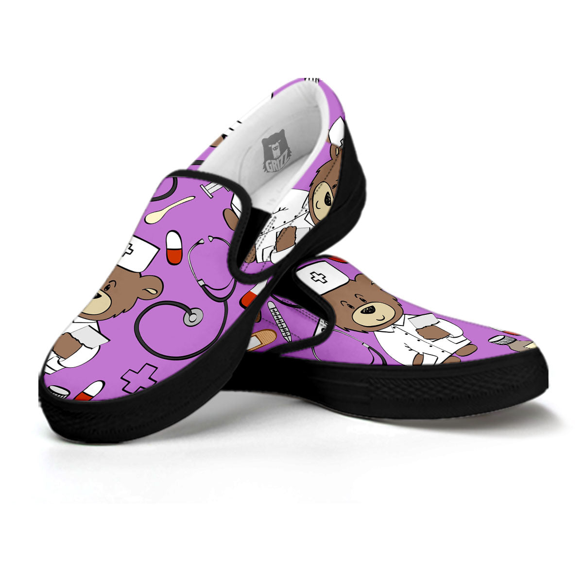 Pink Teddy Bear Nurse Black Slip On Shoes-grizzshop