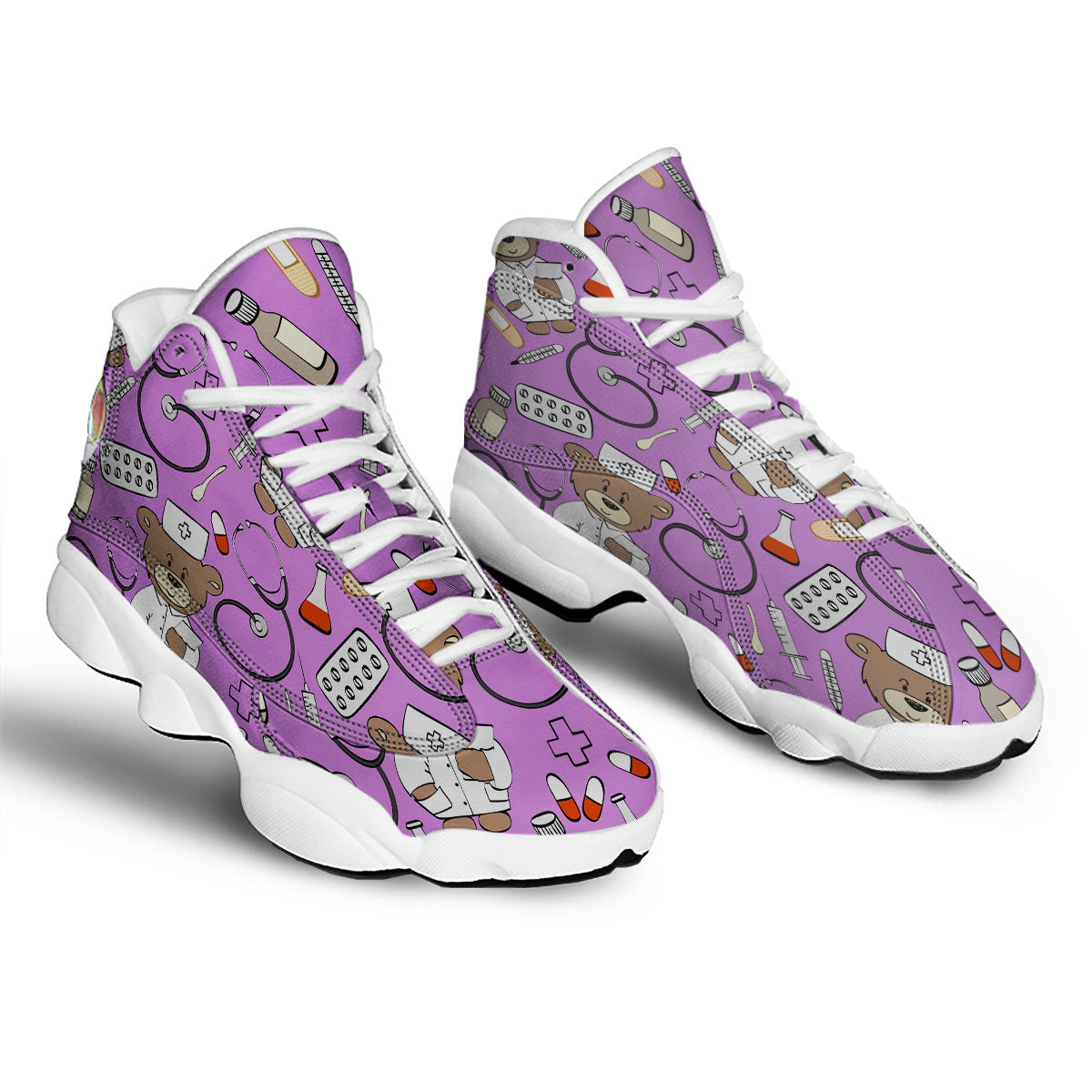 Pink Teddy Bear Nurse White Basketball Shoes-grizzshop