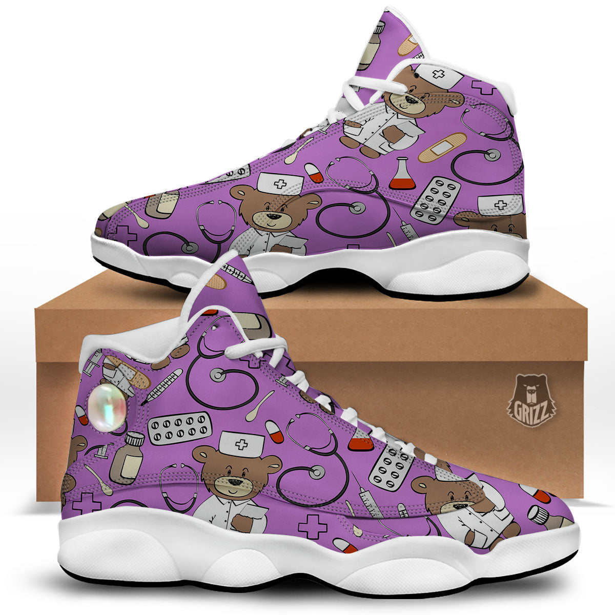 Pink Teddy Bear Nurse White Basketball Shoes-grizzshop