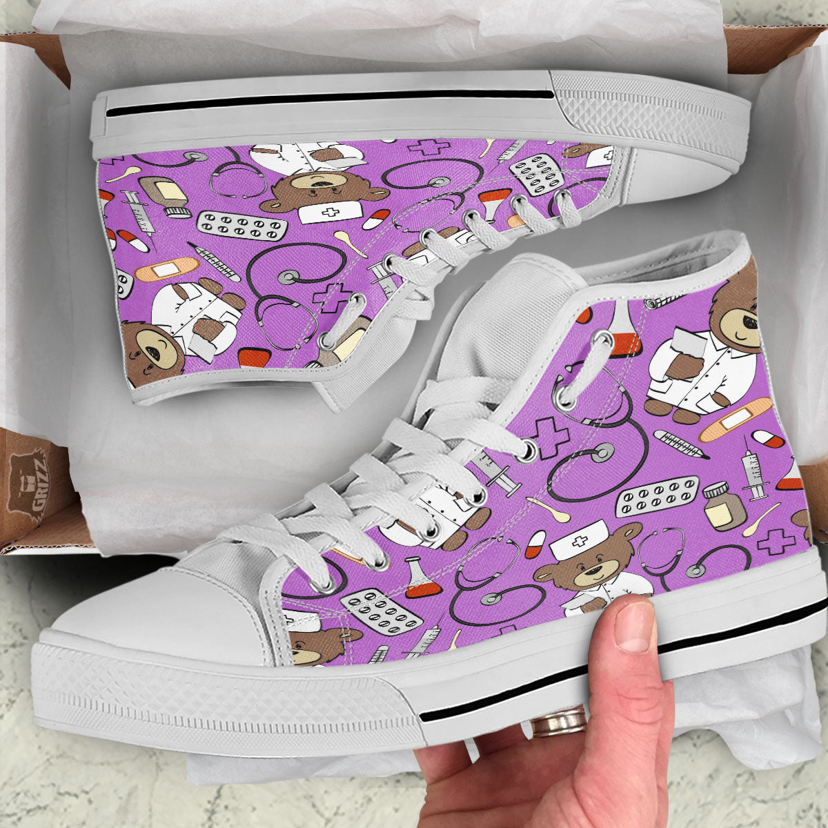 Pink Teddy Bear Nurse White High Top Shoes-grizzshop