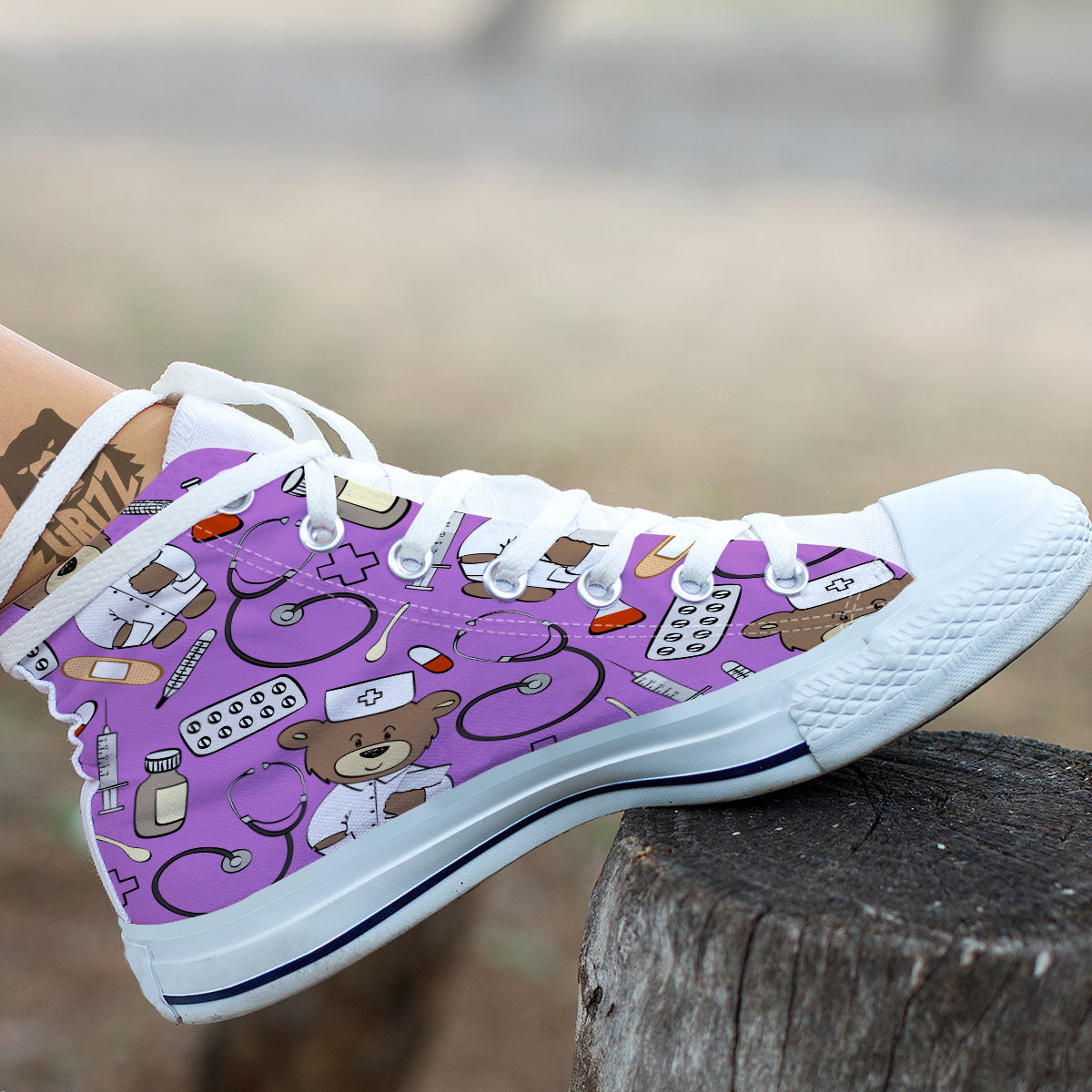 Pink Teddy Bear Nurse White High Top Shoes-grizzshop