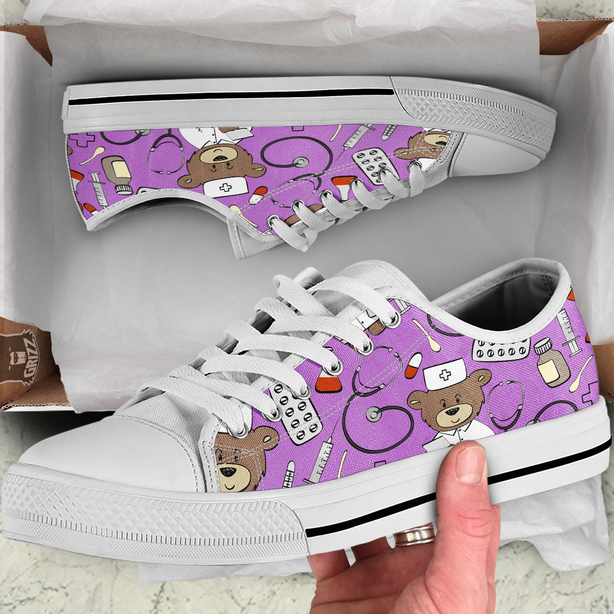 Pink Teddy Bear Nurse White Low Top Shoes-grizzshop