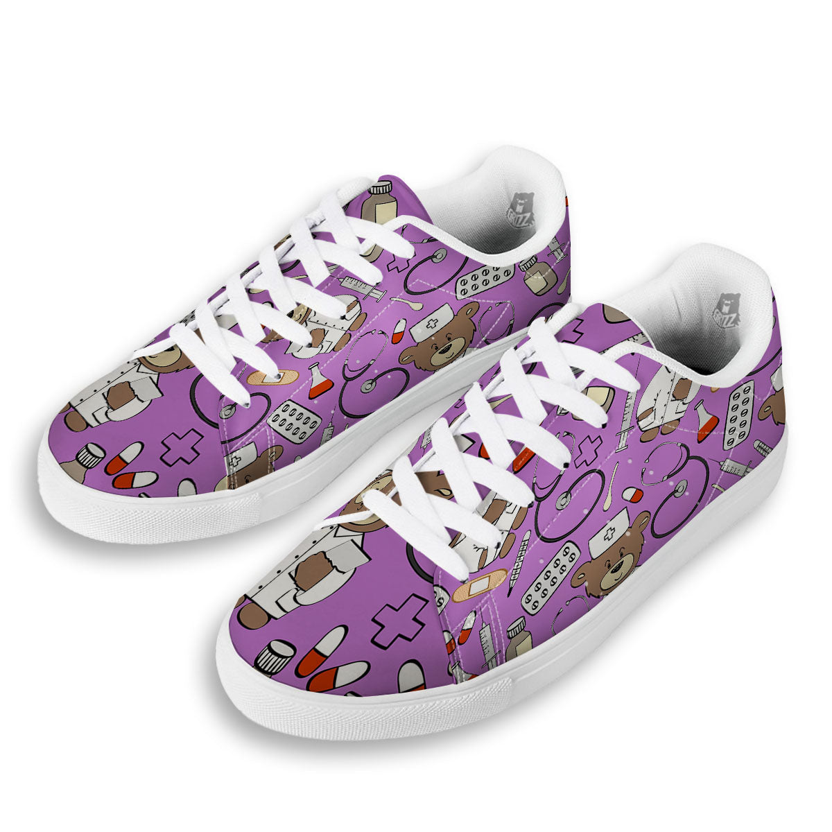 Pink Teddy Bear Nurse White Low Top Sneakers-grizzshop