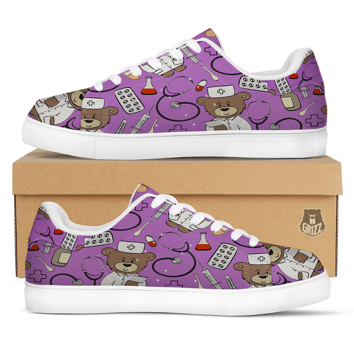 Pink Teddy Bear Nurse White Low Top Sneakers-grizzshop