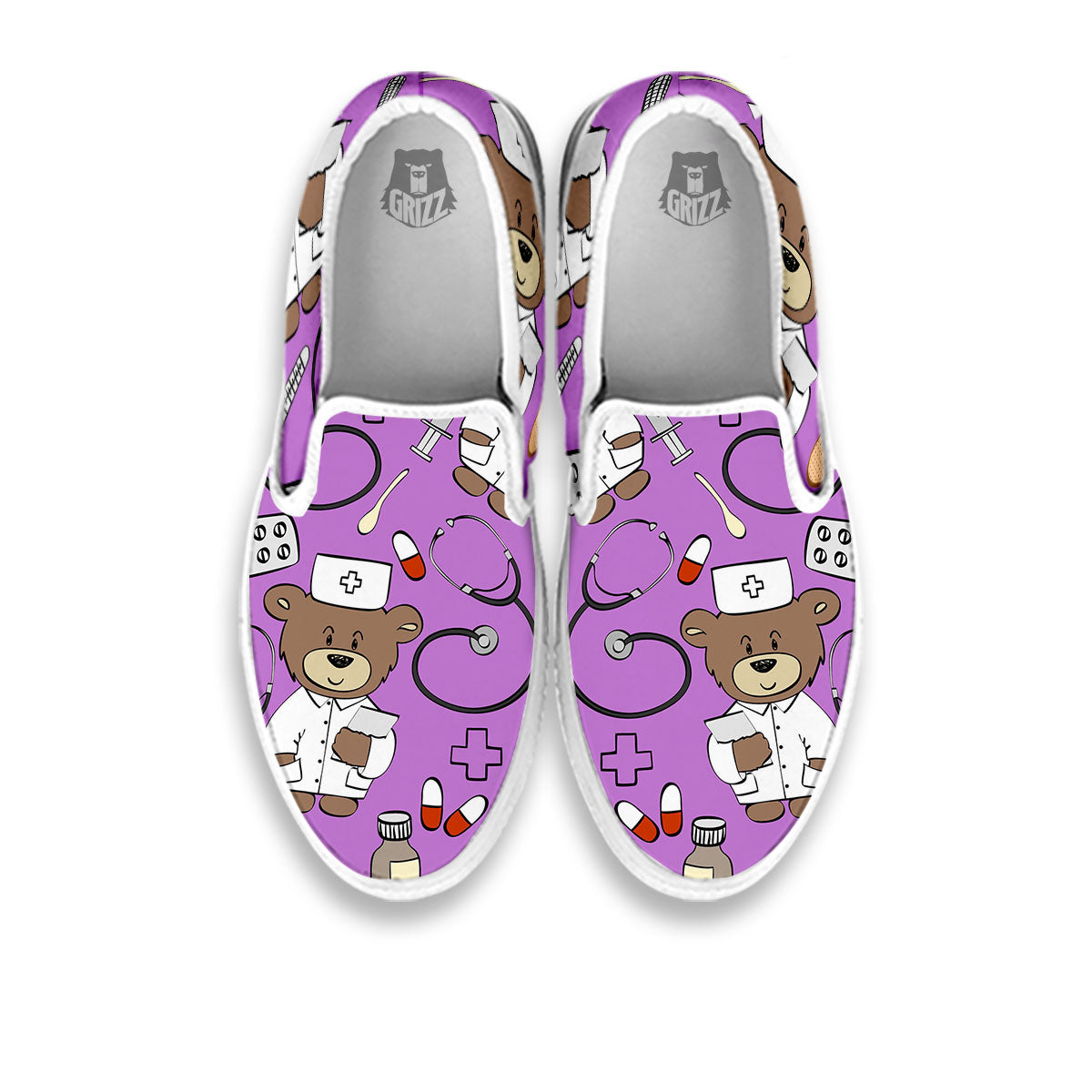 Pink Teddy Bear Nurse White Slip On Shoes-grizzshop