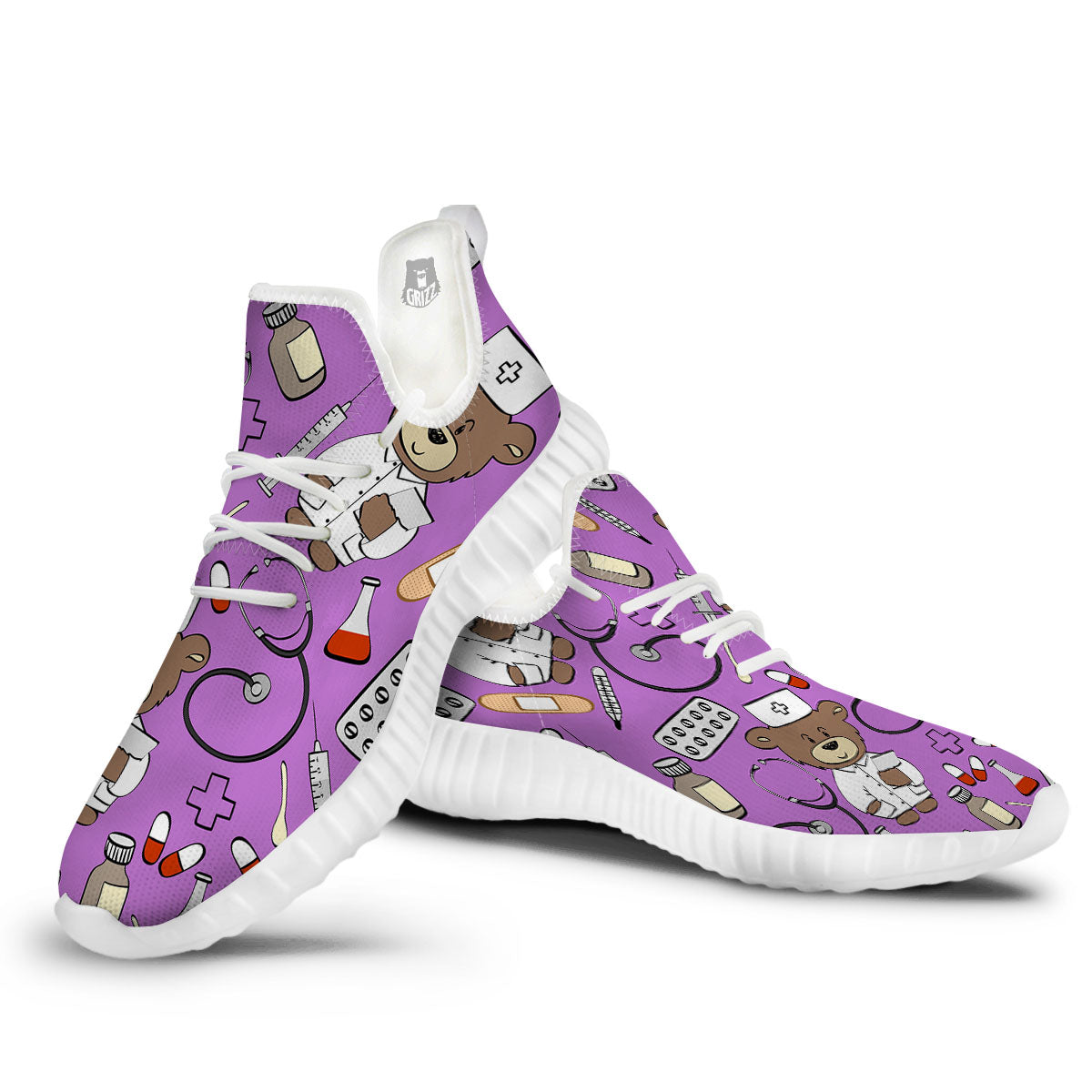 Pink Teddy Bear Nurse White Walking Shoes-grizzshop