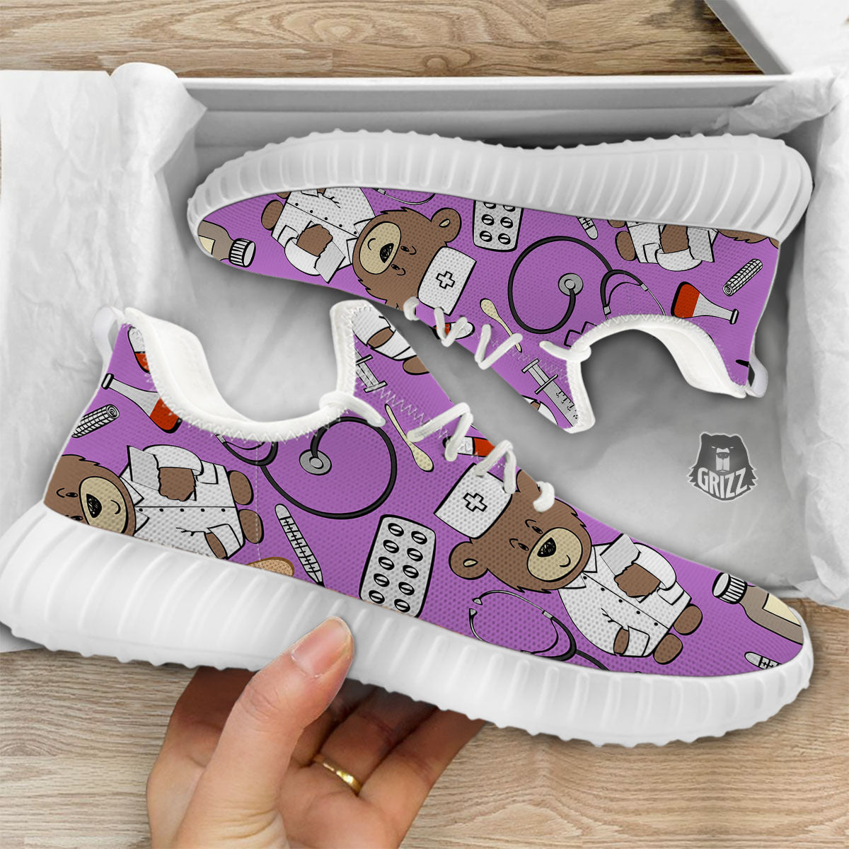 Pink Teddy Bear Nurse White Walking Shoes-grizzshop