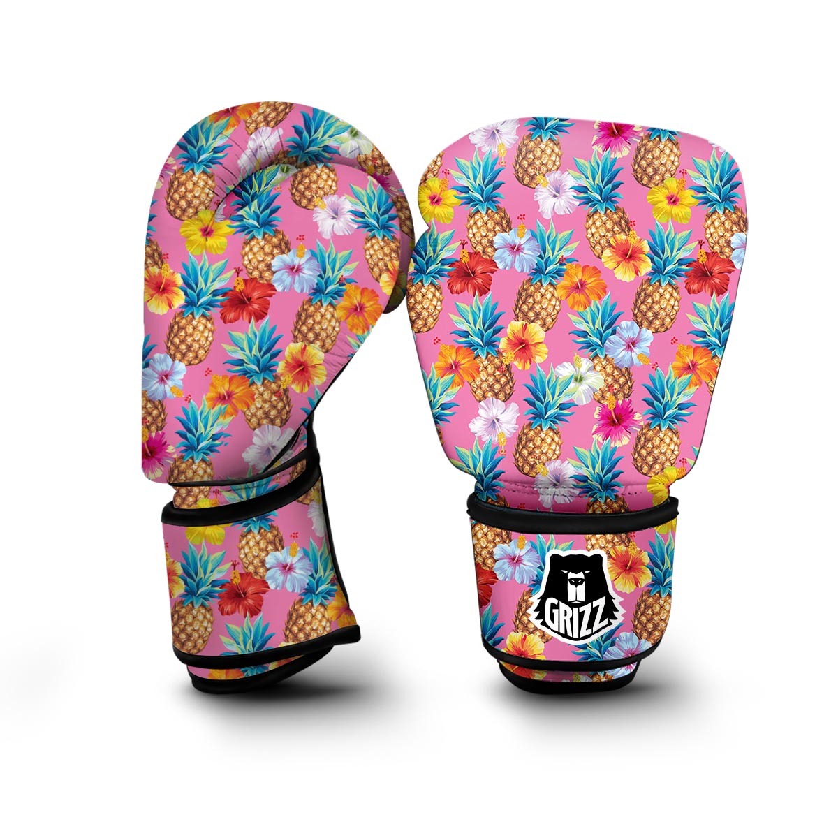 Pink Tropical Hawaiian Hibiscus Pineapple Print Boxing Gloves-grizzshop