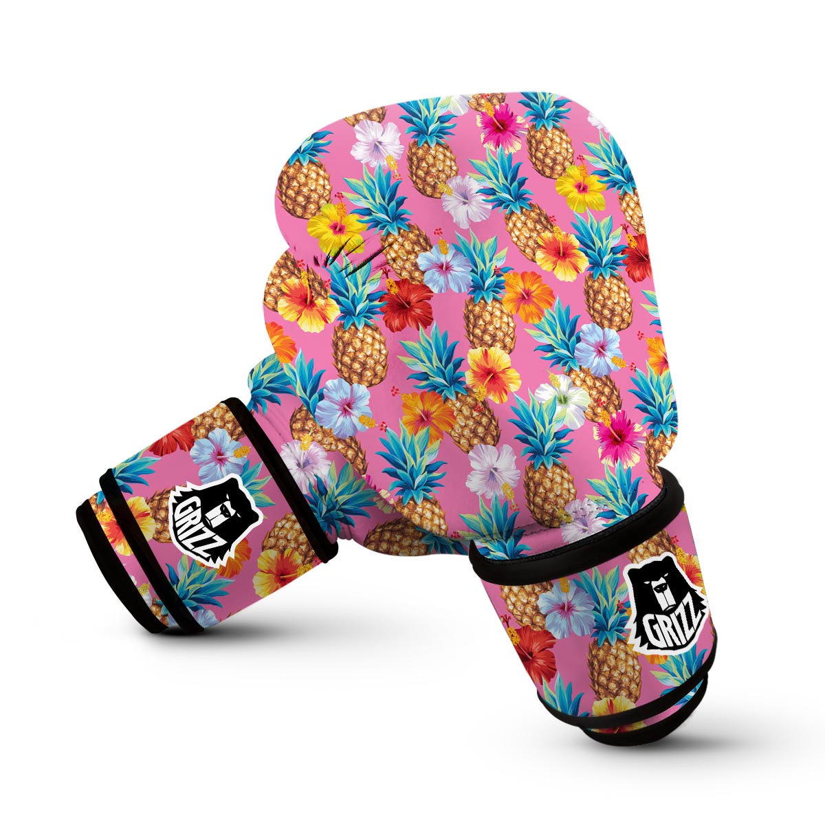 Pink Tropical Hawaiian Hibiscus Pineapple Print Boxing Gloves-grizzshop