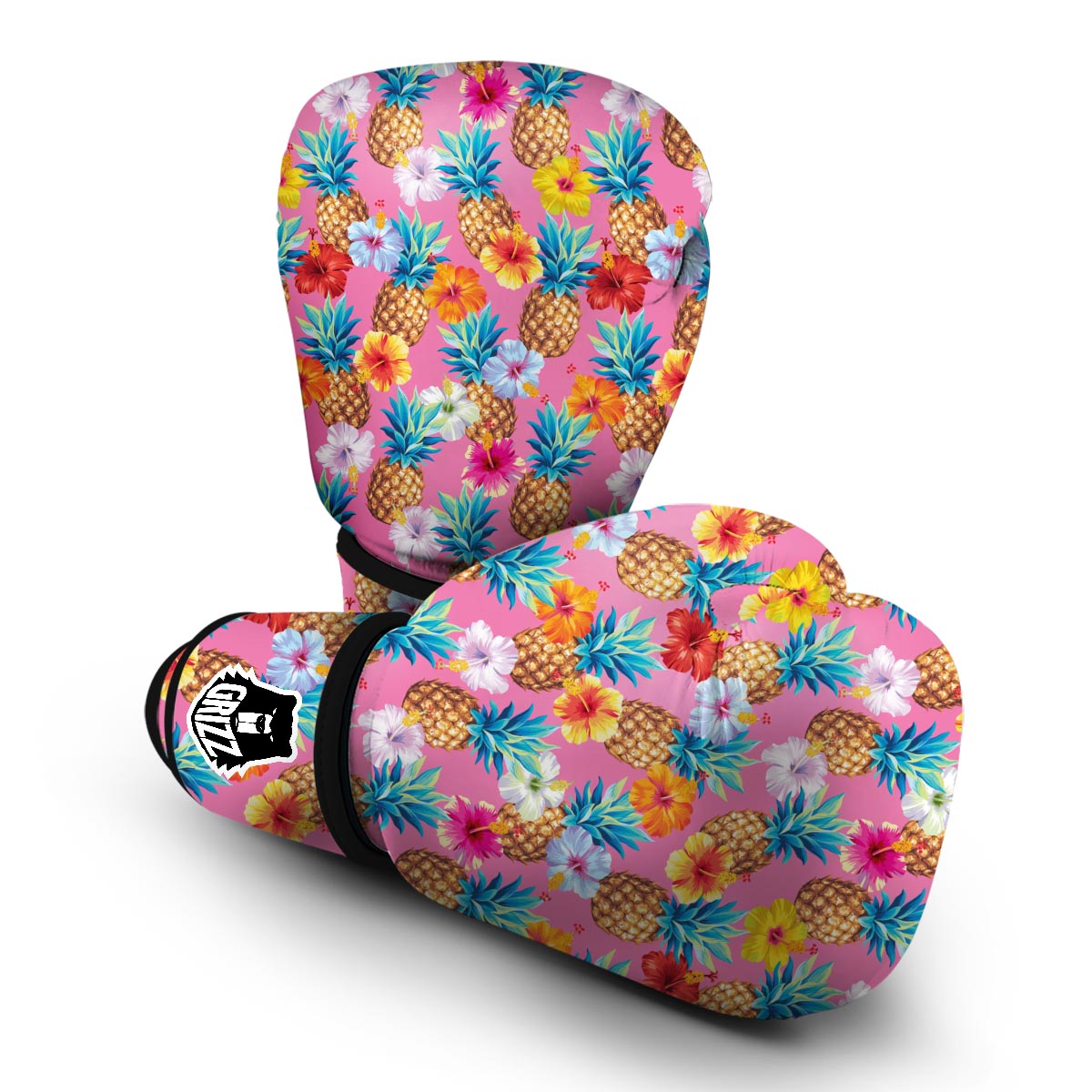 Pink Tropical Hawaiian Hibiscus Pineapple Print Boxing Gloves-grizzshop