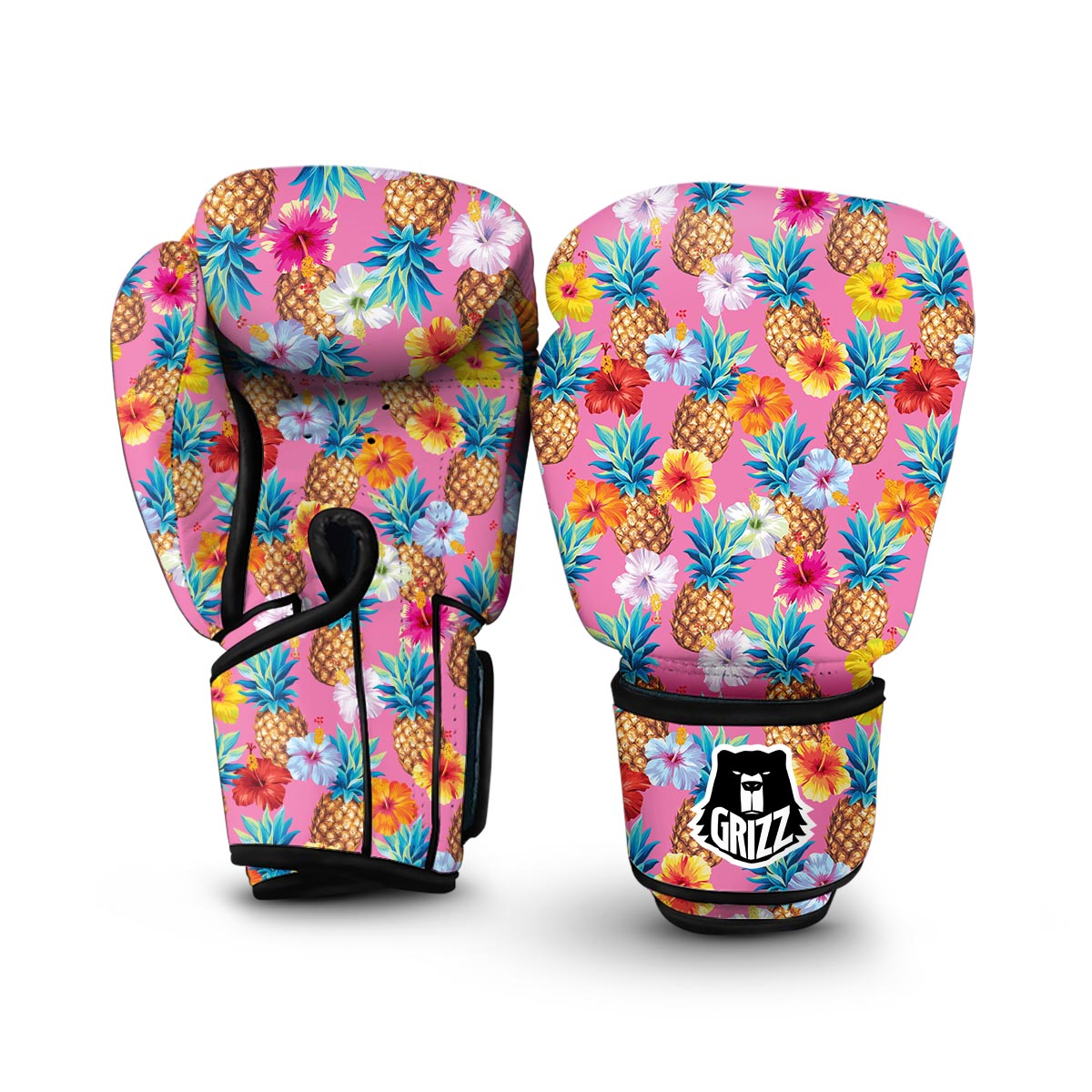 Pink Tropical Hawaiian Hibiscus Pineapple Print Boxing Gloves-grizzshop