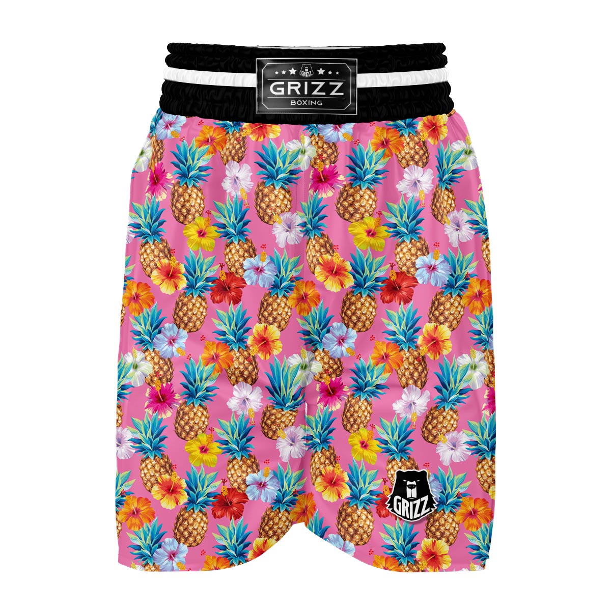 Pink Tropical Hawaiian Hibiscus Pineapple Print Boxing Shorts-grizzshop