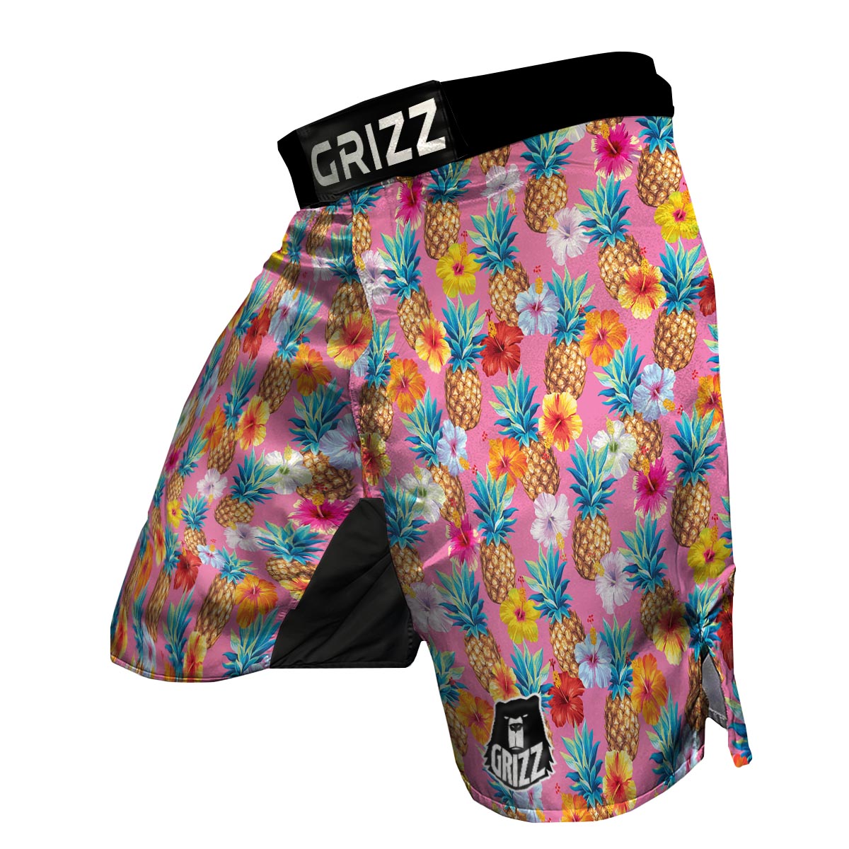 Pink Tropical Hawaiian Hibiscus Pineapple Print MMA Shorts-grizzshop
