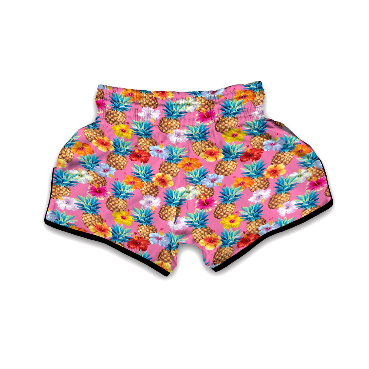 Pink Tropical Hawaiian Hibiscus Pineapple Print Muay Thai Boxing Shorts-grizzshop