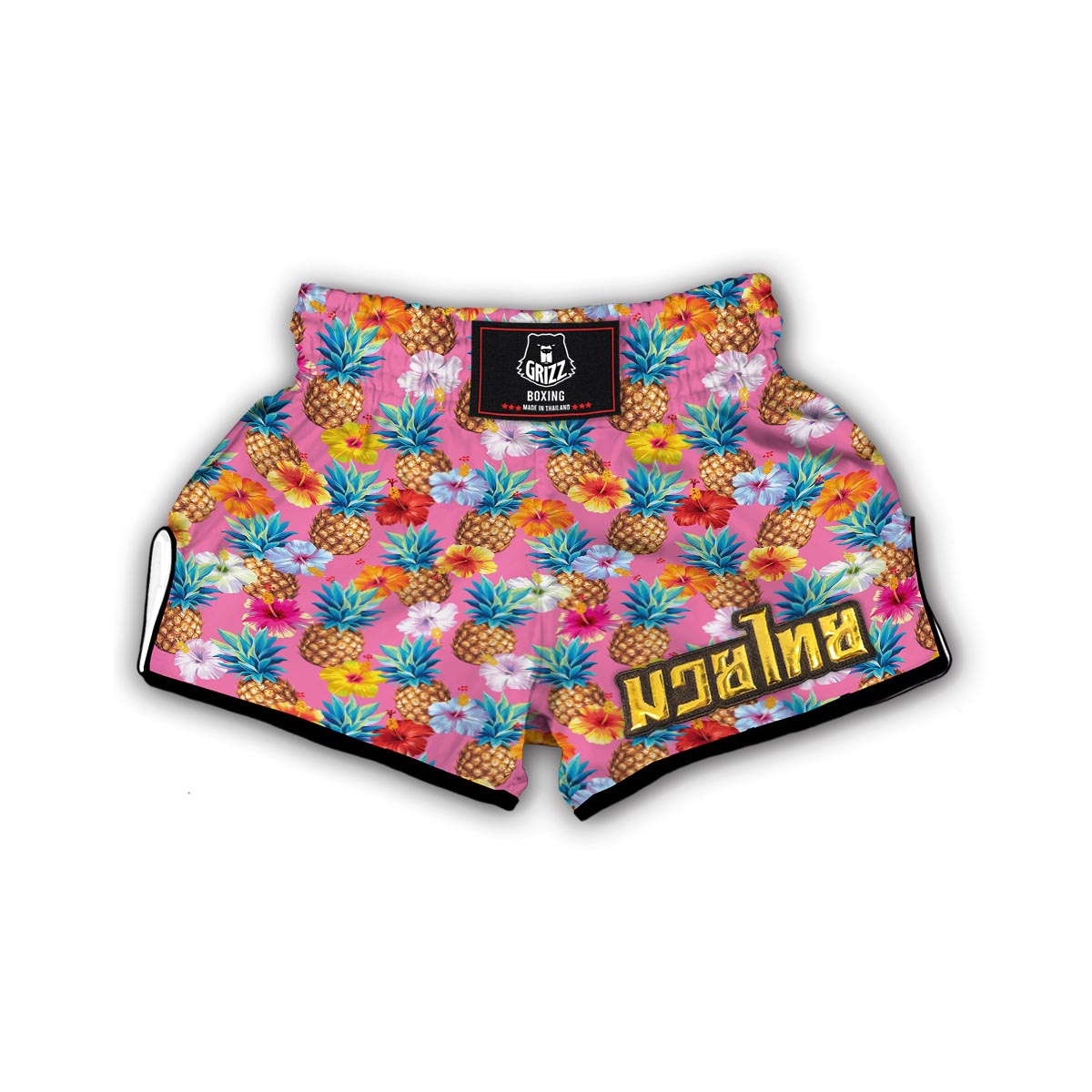 Pink Tropical Hawaiian Hibiscus Pineapple Print Muay Thai Boxing Shorts-grizzshop