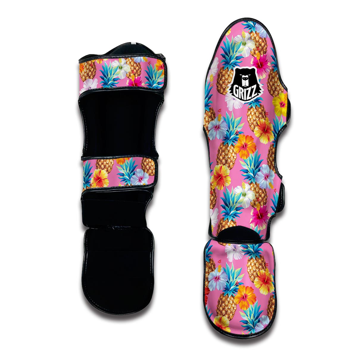 Pink Tropical Hawaiian Hibiscus Pineapple Print Muay Thai Shin Guards-grizzshop